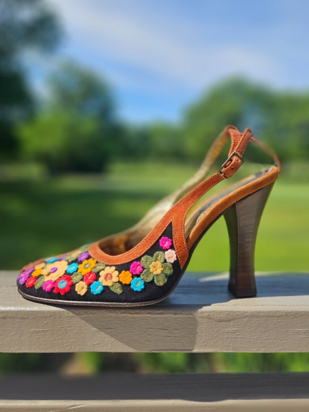 Dolce & Gabbana Multicolor Floral Applique Slingback W Suede T-Strap Heel, 8 - Picture 2 of 10